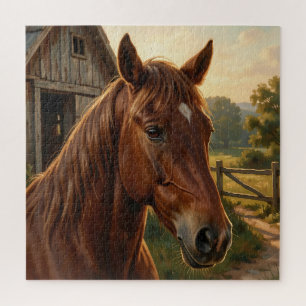 Kastanienbraunes Pferd Golden Hour Scheune Puzzle