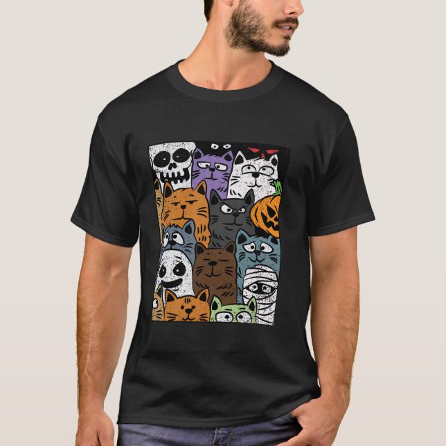 Kat-gedrucktes Halloween-Design Spooky Skelett Ske T-Shirt (Vorderseite)