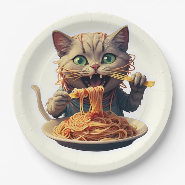 Kat isst Spaghetti Pappteller (Vorderseite)