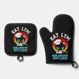 Kat Lym Sarcastic Chef Cat - Bon Appetit Now Leave Ofenhandschuh & Topflappen-Set