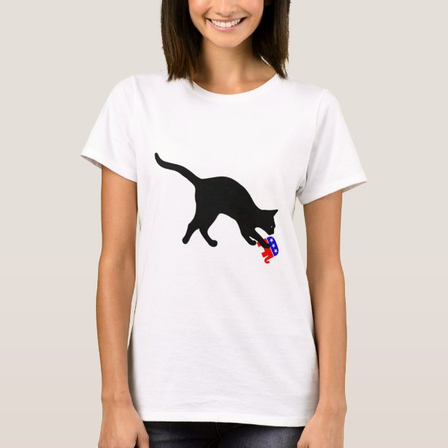Kat Pouncing on Gop Elephant Funny Democrat T-Shirt (Vorderseite)