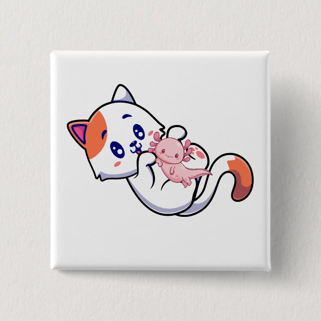 Kat und Axolotl Kawaii Neko Anime Square Button (Vorderseite)