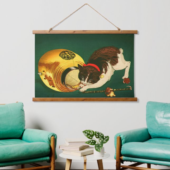Kat und Lantern Kobayashi Kiyochika 1886 gezüchtet Wandteppich Mit Holzrahmen (Wohnzimmer)