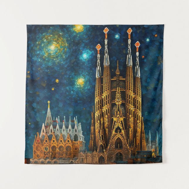 Katalan Starry Night | Gaudí Meets Van Gogh Wandteppich (Vorderseite)