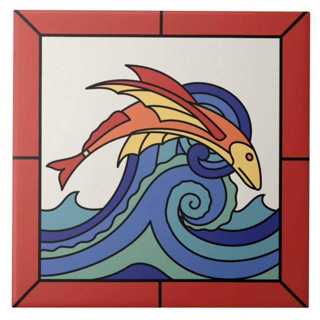 Katalina Insel Fliegender Fisch Tile mit Grenze Fliese (Vorderseite)
