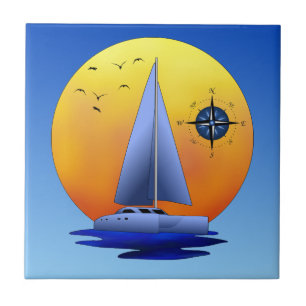 Katamaran-Segelschiff und Kompassrose Fliese