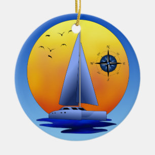 Katamaran-Segelschiff und Kompassrose Keramikornament