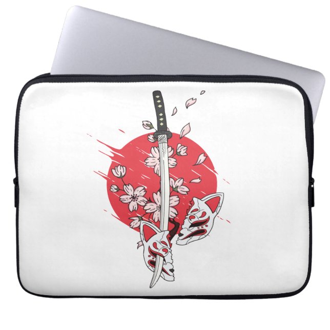 Katana Kirschblüten Fuchs-Maske Laptopschutzhülle (Vorderseite)