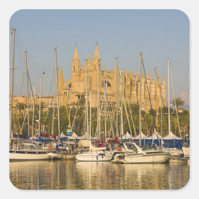Kathedrale und Hafen, Palma, Mallorca, Spanien 2 Quadratischer Aufkleber (Vorderseite)