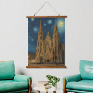 Kathedrale von Barcelona am Night van Gogh Style Wandteppich Mit Holzrahmen