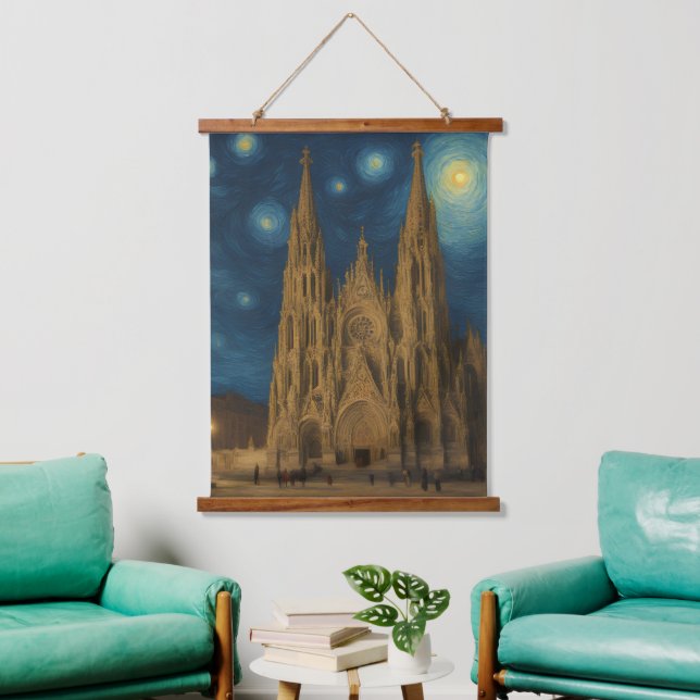 Kathedrale von Barcelona am Night van Gogh Style Wandteppich Mit Holzrahmen (Wohnzimmer)