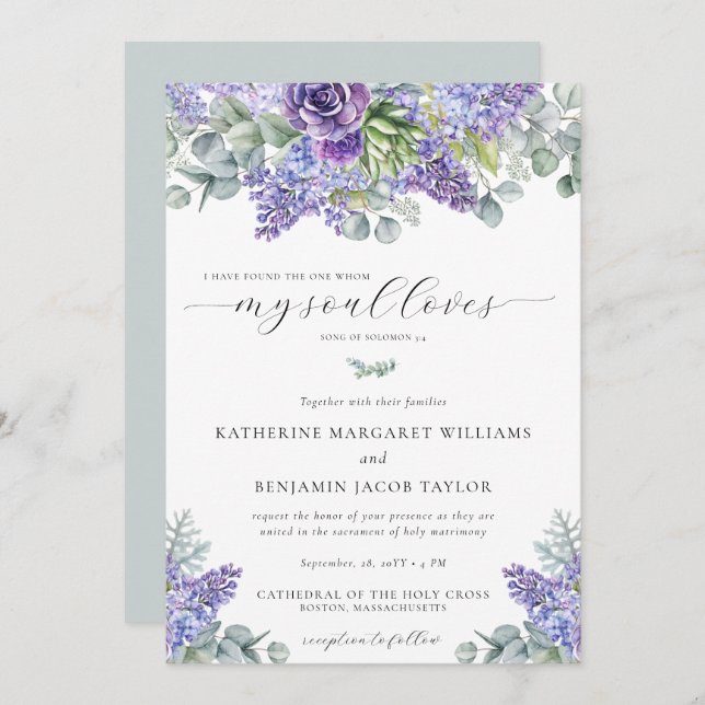 Katherine Floral Lavender Katholic Wedding Einladung (Vorne/Hinten)