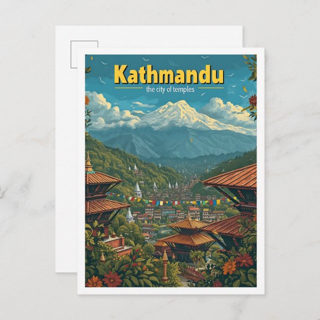 Kathmandu Nepal Vintag Art Travel Illustration Postkarte (Vorne/Hinten)