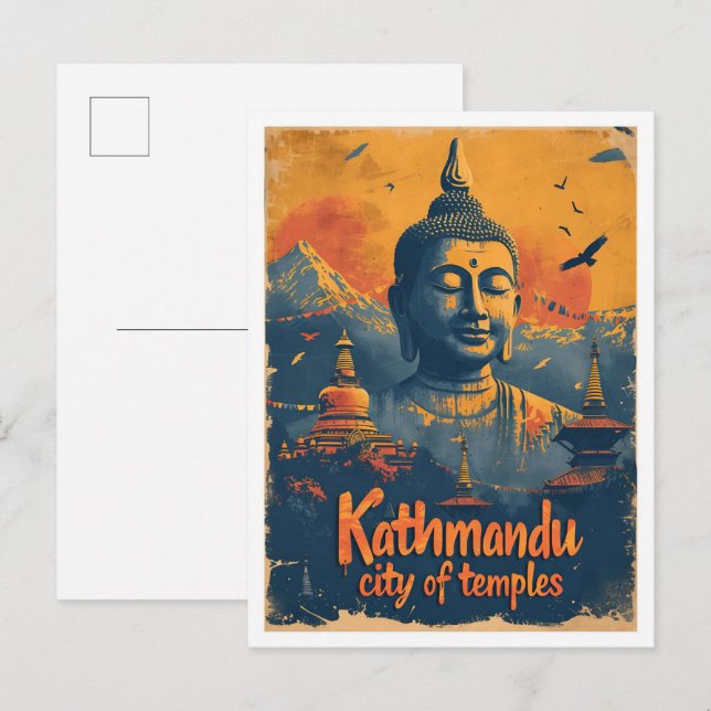 Kathmandu Nepal Vintag Art Travel Illustration Postkarte (Vorne/Hinten)