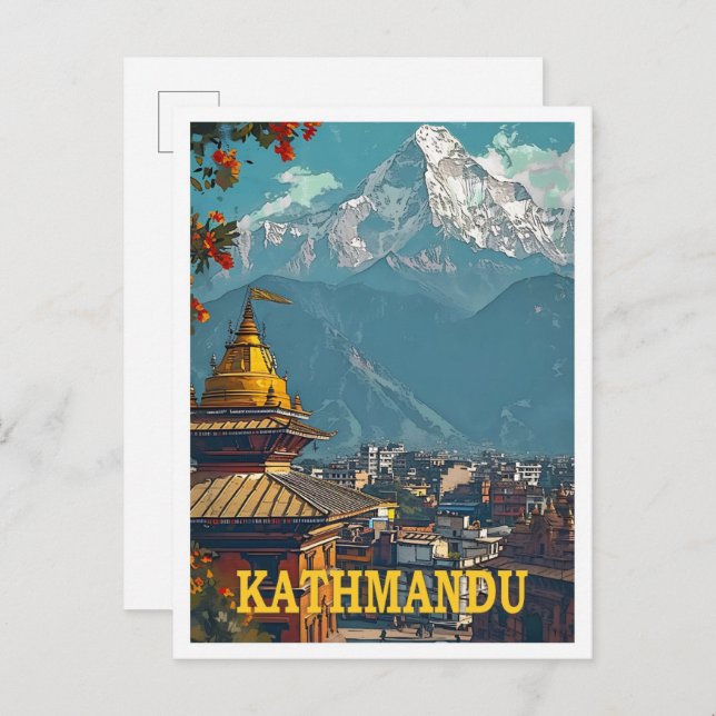 Kathmandu Nepal Vintag Art Travel Illustration Postkarte (Vorne/Hinten)