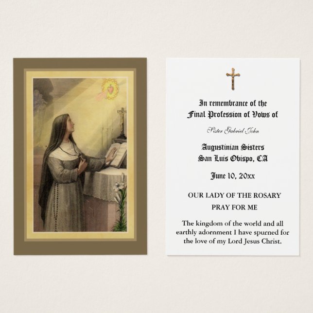 KATHOLIC NUN PROFESSIONELL VON VOWS HOLY CARD (Vorne & Hinten)