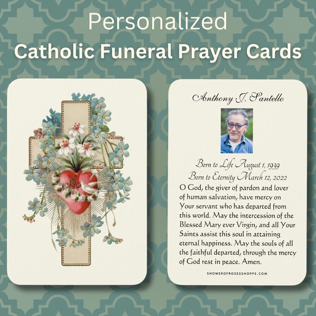 Katholische Beerdigung Gedenkgebet Heilige Karte (Floral Traditional Catholic Funeral Prayer Card with Sacred Heart and Cross)