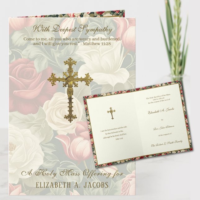 Katholische Beileid Mass bietet Crucifix-Rose Karte (TRADITIONAL CATHOLIC SYMPATHY MASS OFFERING CARD WITH SCRIPTURE AND CRUCIFIX)