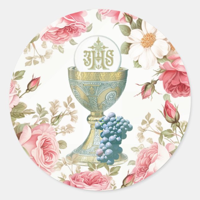 Katholische Erste Heilige Kommunion rosa Rosen Runder Aufkleber (Vorderseite)