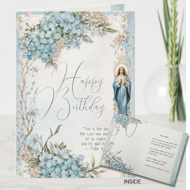 Katholische Geburt Mary Blue Floral Scripting Karte (Von Creator hochgeladen)