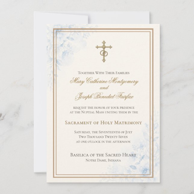 Katholische hellblaue florale Hochzeit  Einladung (Vorderseite)