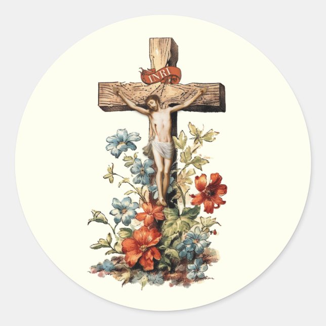 Katholische Jesus Crucifixe Blumenkreuz Runder Aufkleber (Vorderseite)