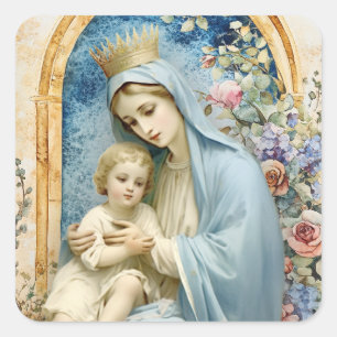 Katholische Jungfrau Mary Baby Jesus Floral Quadratischer Aufkleber