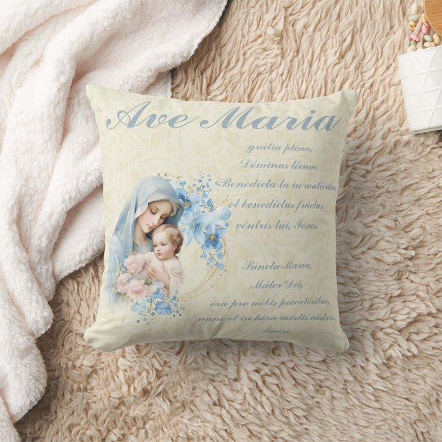 Katholische Jungfrau Mary Jesus Blue Floral Ave Ma Kissen ( Made from high-quality Simplex knit fabric, these 100% polyester pillows are soft and wrinkle-free.)