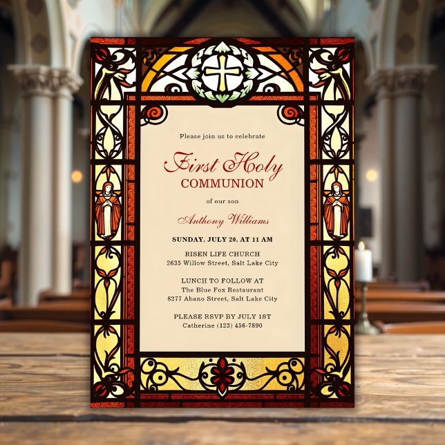 Katholische Katholische Erste Heilige Kommune aus  Einladung (Stained Glass Church Catholic First Holy Communion Invitation)