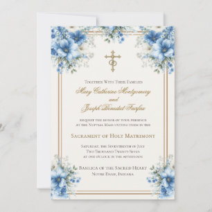 Katholische klassische blaue Blumenhochzeit Einladung