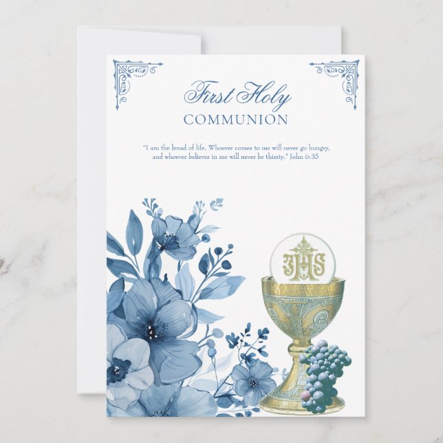 Katholische Kommunion Dusty Blue Floral Einladung (Vorderseite)