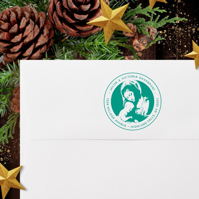 Katholische Madonna und kindergrüne Rücksendeadres Permastempel (Religious Christmas return address stamp in green ink with Madonna and Child for Catholics)