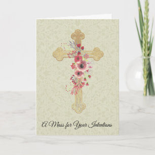 Katholische Mess-Gedenk-Angebot-Kreuz rosa Blumen Karte