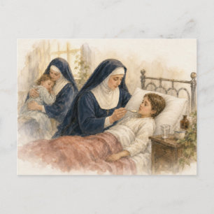 Katholische Nonne pflegt ein krankes Kind Postkarte