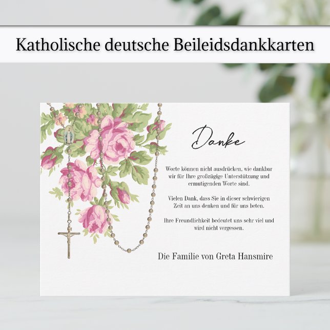 Katholische Rosen Rosenkranz Beileids- und Anteiln Dankeskarte (German Funeral Memorial Thank You cards with pink roses and holy rosary)