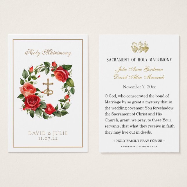 Katholische Rote Rosen Crucifix Hochzeitskarte (Vorne & Hinten)