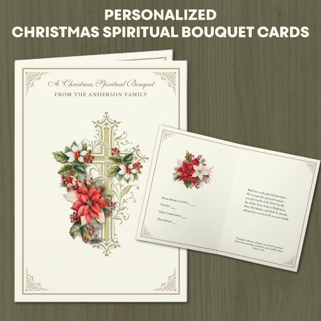 Katholische Spirituelle Bouquet Gebet Rosary Feiertagskarte (Traditional Christmas Catholic Spiritual Bouquet Card With Gold Cross and Red Poinsettias )