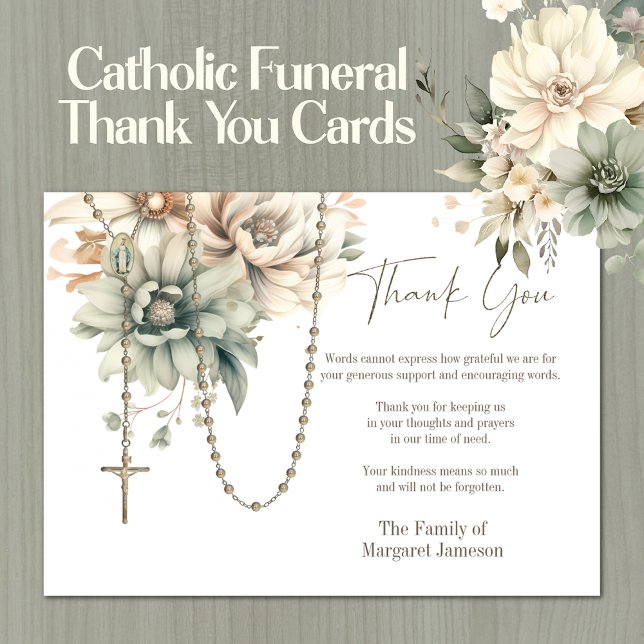 Katholisches Beileid zur Beerdigung von Rosenkranz Dankeskarte (Traditional Catholic Funeral Memorial Thank You Cards)