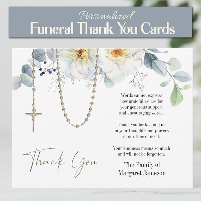 Katholisches Beileid zur Beerdigung von Rosenkranz Dankeskarte (Traditional Catholic Holy Rosary Floral Funeral Thank you Condolence Cards)