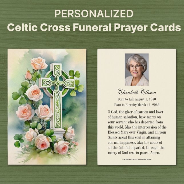 Katholisches Celtic Cross Beerdigung Gedenkgebet (Irish Celtic Cross with Peach Roses Catholic Funeral Memorial Prayer Cards)