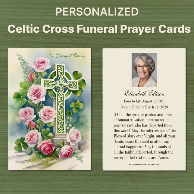 Katholisches Celtic Cross Beerdigung Gedenkgebet (Irish Catholic Celtic Cross with pink roses funeral memorial prayer cards)