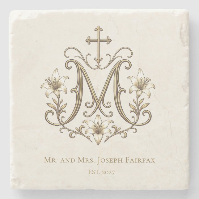 Katholisches Gold-Marianum-Kreuz-Monogramm Steinuntersetzer (Vorderseite)