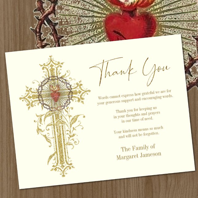 Katholisches Heiligherz Jesus Beerdigung Beileid Dankeskarte (Gold Cross with Sacred Heart of Jesus Overlay Funeral Thank you Card )