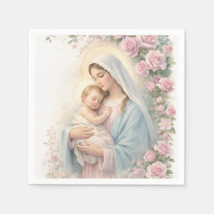 Katholisches Rosa Blumiges Jesuskind und Mutter Ma Serviette