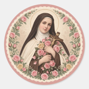 Katholisches St. Therese Little Flower Pink Rosen Runder Aufkleber