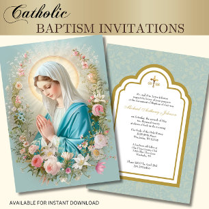 Katholisches Taufblumen-Maria-und-Jesus-Motiv Einladung