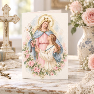 Katholisches Vintage-Jungfrau-Maria-Heiliger-Rosen Karte
