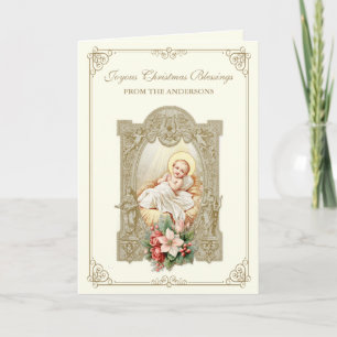 Katholisches Weihnachts-Baby-Jesus-Poinsettien-Blu Feiertagskarte