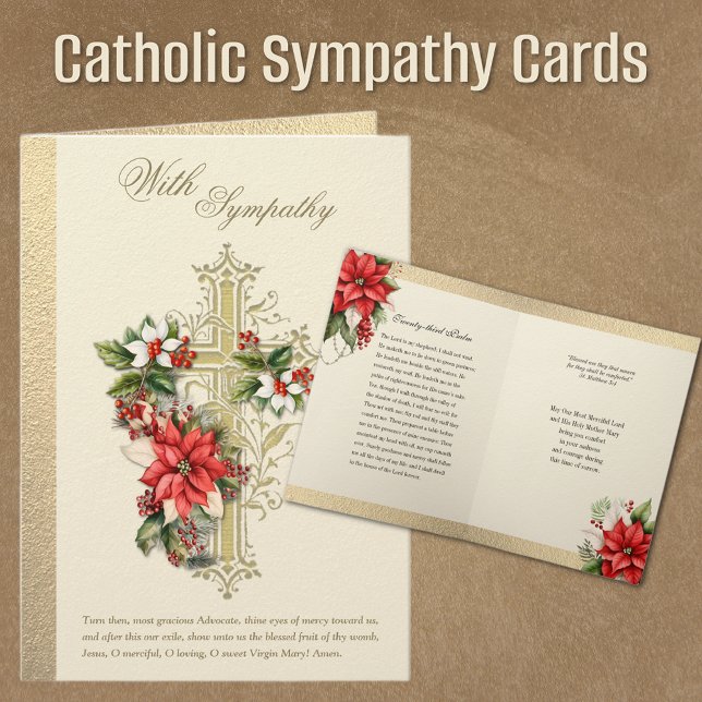 Katholisches Weihnachtsgebäck - Beileid Condolence Karte (Traditional Catholic Christmas Funeral Sympathy Condolence Cards with Cross and Poinsettias)