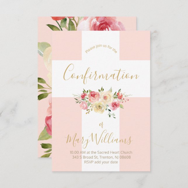 Katholisches Weißkreuz und Blume Bestätigung Einladung (Vorne/Hinten)